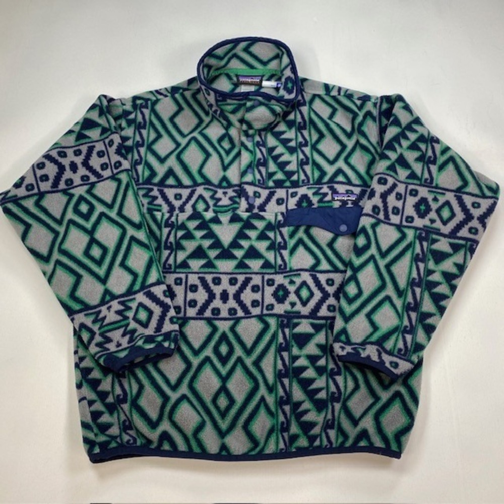 Patagonia Synchilla Snap-T Fleece Pullover Geometric Aztec Mens Large Grey Green